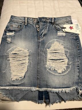 Vanilla Star Distressed Blue Denim Mini Skirt